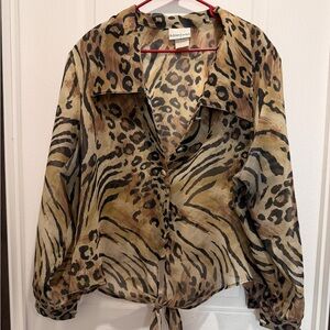Adrian Jordan Animal Print Blouse 22W Tie Front Button Sheer Leopard Vintage